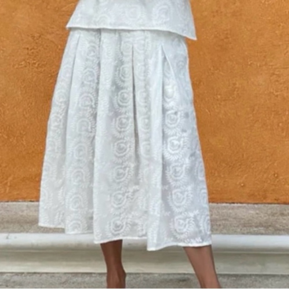 Buru 100% Cotton Smocked Waist Lined Midi Skirt Embroidered Pleat White Pocket S